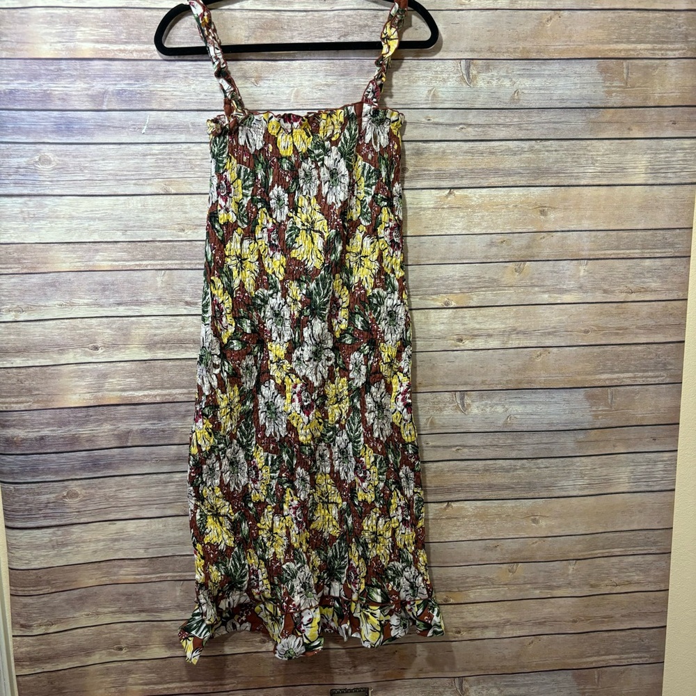 Faithfull the Brand Fall Floral Smocked Midi Dress Brown Yellow Size Large
